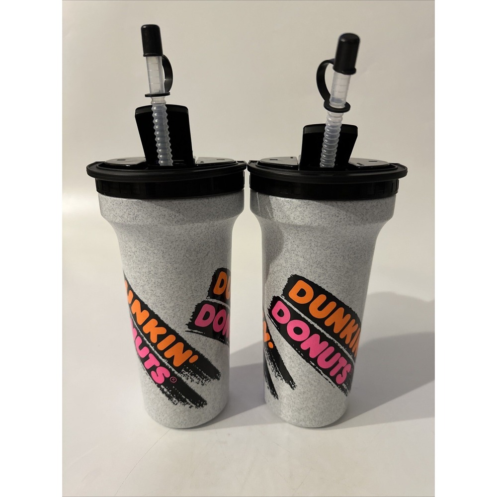 2 Vintage‎ NEW Dunkin Donuts 48oz Cup Travel Tumbler Straw Lid Rare USA Plastic